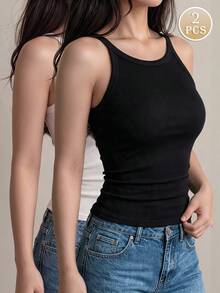 2件組女款黑色羅紋掛脖背心上衣，修身無袖柔軟春夏上衣，百搭休閒日常穿著 - 彩色 - 查看 1