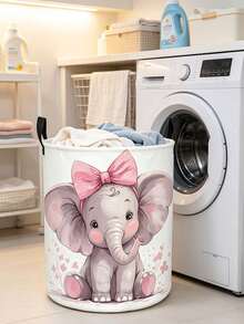 [Cute Elephant Basket] Cute Elephant Laundry Basket,Foldable Round Organizer Box With Sturdy Handle | Pink Bow & Butterfly, Soft Pastel Cartoon Design, Durable Storage Bin For Playroom, Spring Cleaning, Lightweight,For Room ,Bathroom - Multicolor - View 2