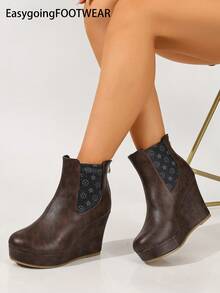 Women's Round Toe Thick Sole Wedge Ankle Boots, Printed Elastic Fabric Patchwork - Coffee Brown - View 3