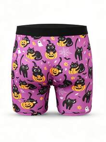 1pc Purple Men's Boxer Briefs, Black Spooky Cat All-Over Print, Soft Elastic Breathable Fabric, Humorous Holiday Gift, Suitable For Husband Daily Home Wear - Multicolor - View 3