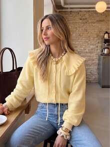 Women's French Style Ruffle Collar Knit Blouse, Long Puff Sleeve Button Drawstring Casual Top, Soft Solid Color Autumn Daily Wear - Yellow - View 1
