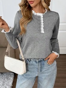 Atasan Rajut Wanita dengan Patchwork Renda untuk Musim Gugur/Dingin - Grey - View 3