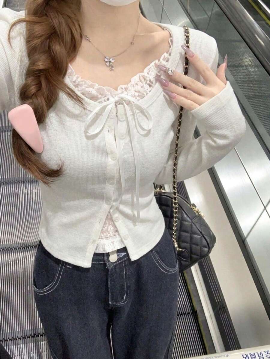 秋冬極簡性感蕾絲拼接鈕扣修身 2 合 1 長袖打底 T-Shirt 上衣 - 白色 - 查看 1
