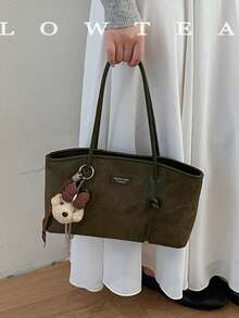 low tea 1pc Minimalist Square PU + Suede Fabric Shoulder Bag, Suitable For Commuting, Shopping, Etc. (With Pendant) - Dark Green - View 12