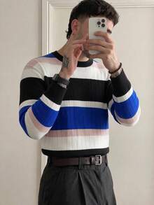 Men's Spring/Autumn Colorblock Fashion Minimalist Crew Neck Long Sleeve Sweater - Blue - View 1