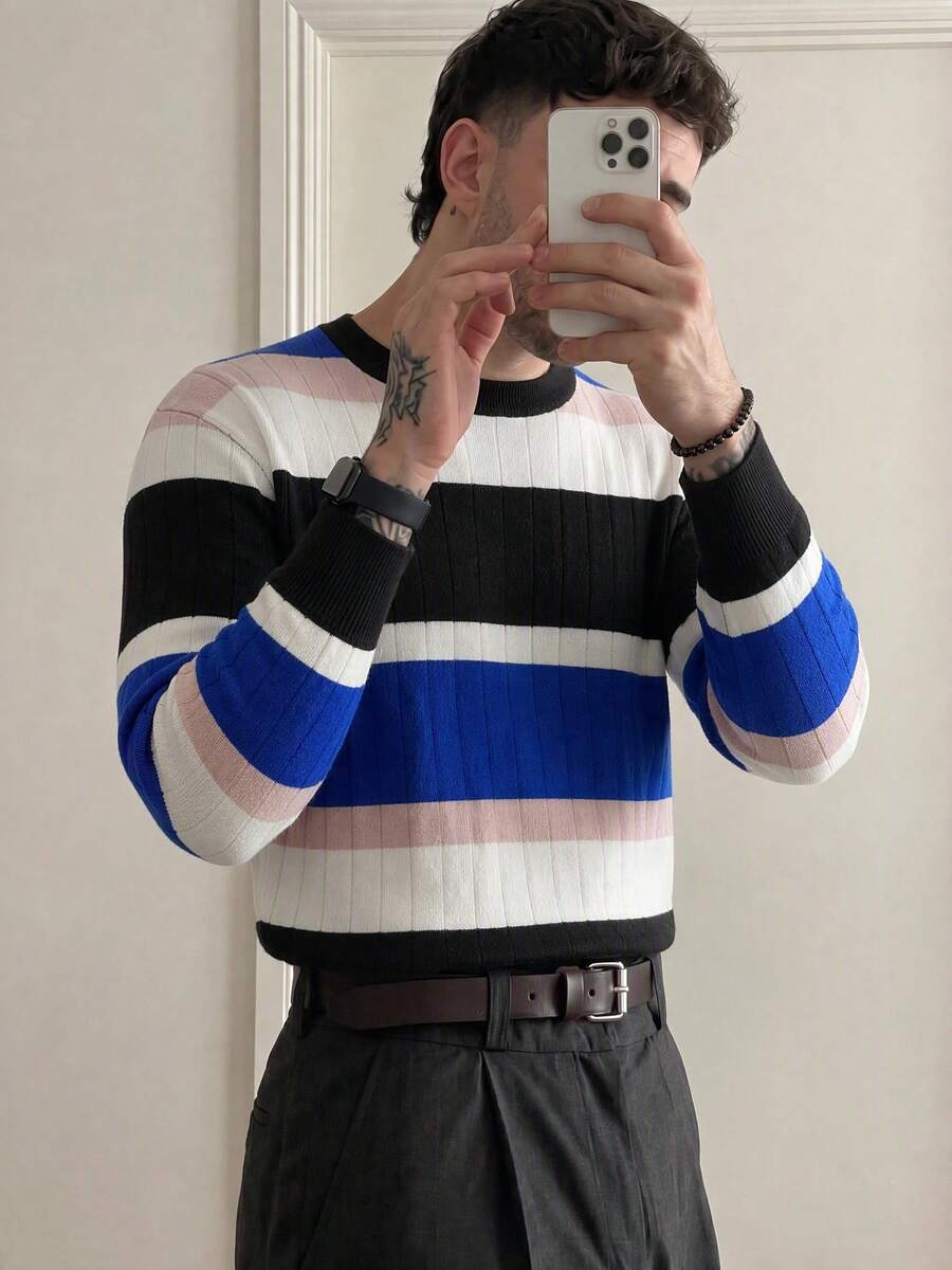 Men's Spring/Autumn Colorblock Fashion Minimalist Crew Neck Long Sleeve Sweater - Blue - View 1