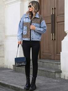 GILIPUR Women Street Style Leopard Print Contrast Patchwork Denim Jacket, Washed Ripped Flap Pockets Loose Fit Outerwear - Blue - View 5