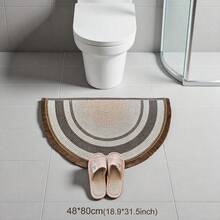 Brown Color Block Semi Circle Door Mat With Tassels, Linen Soft Non Slip Washable Foldable Bathroom Entrance Balcony Rug, Fall Winter Home Decor, Pet Friendly, 80cm 90cm - Coffee Brown - View 4