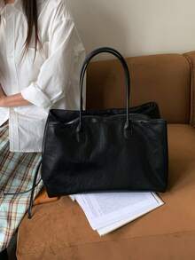 Women Solid Soft Faux Leather Tote Bag,Long Top Handles Side Tassel, Large Capacity With Inner Zip Pocket,Minimalist Elegant All-Season Office Commute - Black - View 9
