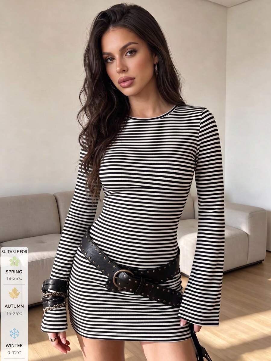 SUNSTORY Women's Autumn Black & White Striped Round Neck Flared Long Sleeve Fitted Bodycon Mini Skirt, Suitable For Commuting, Outings, Dating, Parties, Halloween Occasions - Black and White - View 1