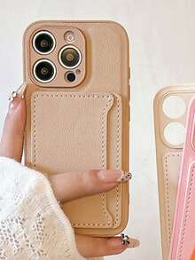 Autumn/Winter Atmosphere Earthy Light Coffee Leather Texture Card Holder Phone Case, Card Holder Phone Case, Compatible With Iphone 17 Pro Max/18 Pro Max/16/15 Phone Case Large Window Ultra Thin Apple 16 Shockproof Cross-Border, Phone Protection - Light Khaki - View 3
