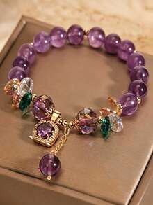 A Purple Natural Bracelet That Relieves Anxiety, Decorated With Cube Ornaments, Fashionable Jewelry In Purple And And Gold Tones - Multicolor - View 5