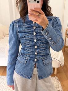 Women's Vintage Washed Denim Shacket, Button Front, Faux Pockets, Stand Collar Long Sleeve Regular Length Jacket, Fashion Casual Outerwear - Blue - View 3