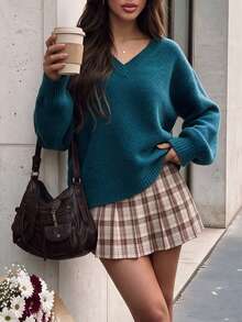 Aflion Women Fall V Neck Soft Knit Sweater, Drop Shoulder Lantern Long Sleeve Cropped Loose Pullover, Casual Daily Outfit - Dusty Blue - View 8