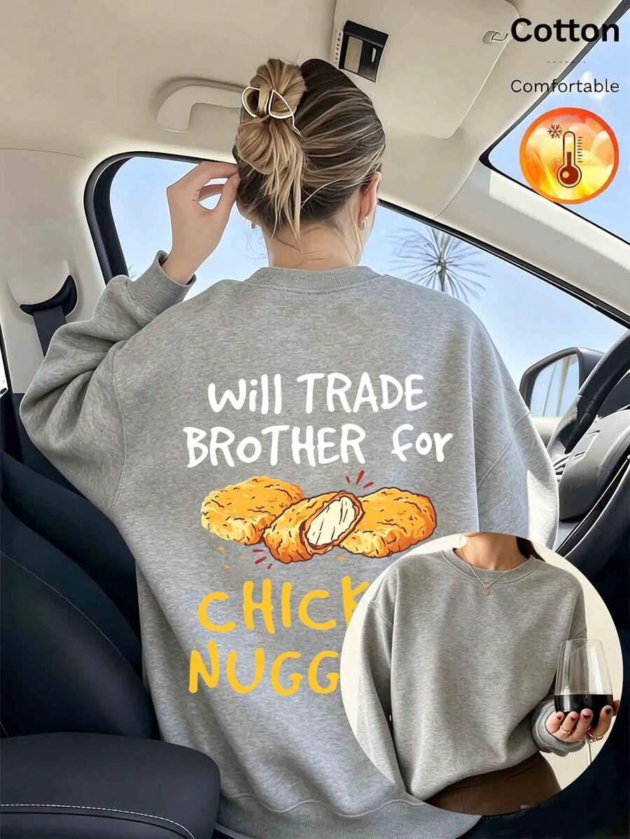 Custom Loose Fit Grey Fleece-Lined Pullover Sweatshirt For Women, Fried Chicken Graphic And Letter Print, Casual Fun Style - Flower Gray - View 1