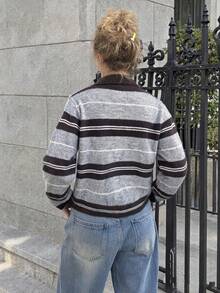 Women's Autumn/Winter Vintage Striped Turn-Down Collar Knit Sweater, Casual Pullover Top, Versatile Style - Grey - View 3