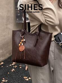 1pc Solid Color PU Leather New Women's Backpack, Fashionable Large Capacity Tote Bag, Zipper Closure, Dual Handles, Suitable For Commuting, Shopping, Dating, Outings - Coffee - View 2