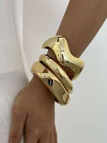 3/1pc Vintage Elegant Old Money Style Geometric Wavy Smooth Plain Bangle Bracelet Set, Casual Versatile For Women's Daily Wear - Yellow Gold - View 4