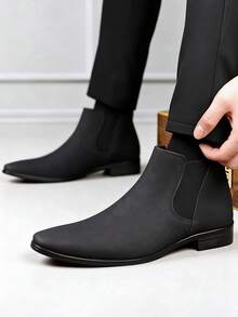 QRLQRL Men's Autumn/Winter Elastic Sleeve Short Boots Matte Pointed Toe Chelsea Style Minimalist Shoes For Office, Party, Commute - Black - View 5