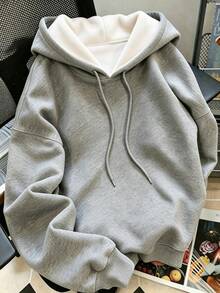 Women's Fleece Hooded Sweatshirt, "With Love Again" Printed On Back, Grey Long Sleeve Y2K Style, Autumn/Winter - Flower Gray - View 5