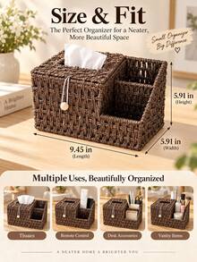 1pc Woven Storage Basket, Handmade Rope Multi-Compartment Storage Box With Lid, Decorative Desktop Organizer For Cosmetics, Stationery, Remote Controls, Suitable For Bedroom, Bathroom And Home Decor - Multicolor - View 2