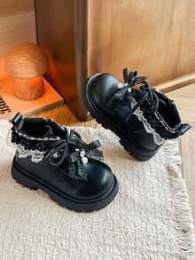 1 Pair Girls Dark Style Ankle Boots Pearl Polka Dot Bow Soft Leather Thick Sole Non-Slip Princess Boots - Black - View 2
