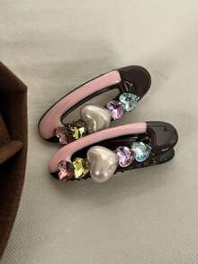 1pc Pink Heart-Shaped Hair Clip, Cute Girl Bangs Clip With Oil Painted Crystal Edge, Forehead Hair Accessory - Multicolor - View 2