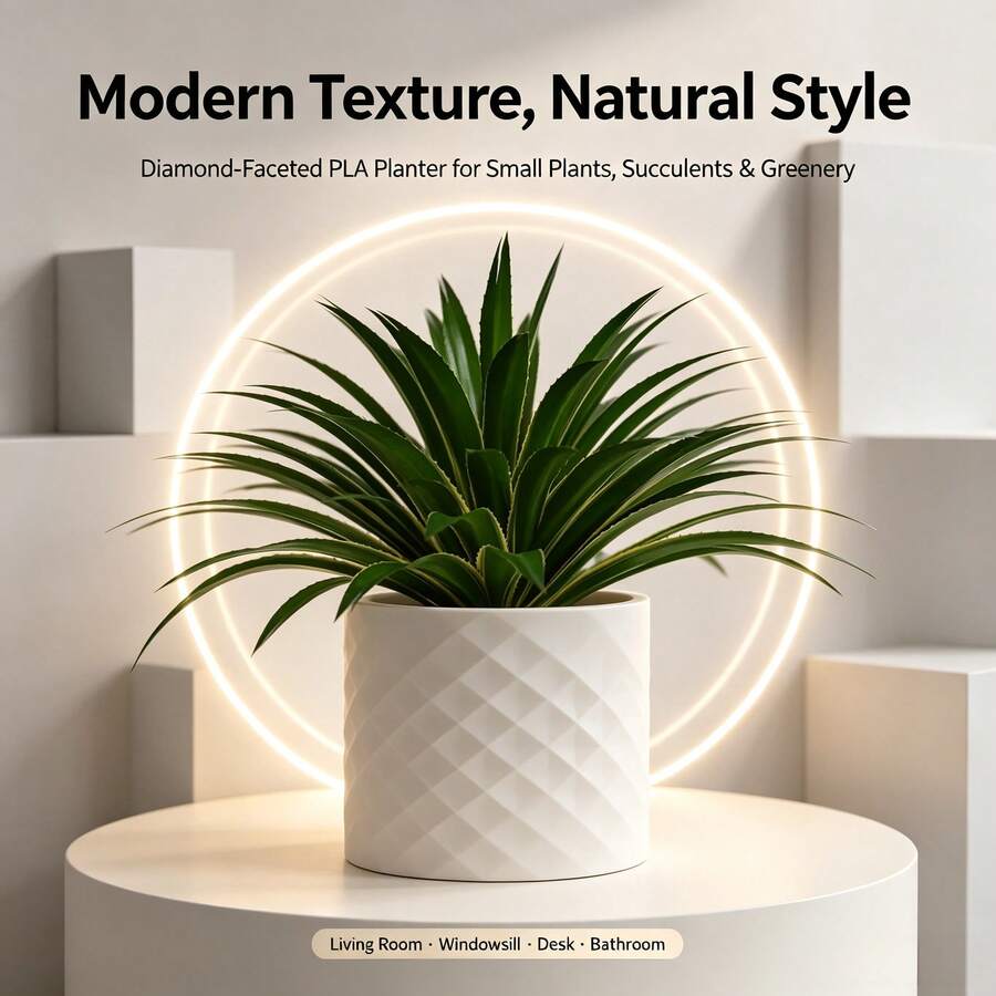 Rhombus PLA Planter, Modern Textured Succulent Pot, Suitable For Small Plants & Greenery, Minimalist White Cylindrical Indoor Flowerpot With Drainage Hole, Can Be Placed On Living Room, Windowsill, Desk And Bathroom - Flower Pot - View 1