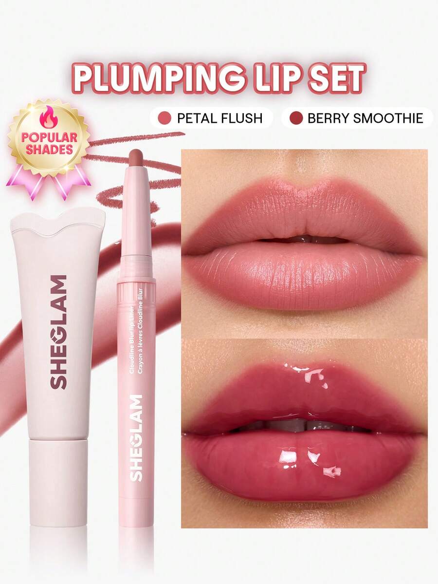 SHEGLAM [2Pcs] Crystal Glaze Moisturizing Lip Care & Cloudline Blur Lip Liner Bundle Set - Petal Flush+Berry Smoothie - View 1