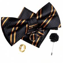 5Pcs Men Black Striped Bow Tie Pocket Square Cufflinks Ring Boutonniere Set, Cufflinks Pattern Random For Wedding Business Party - Black - View 2
