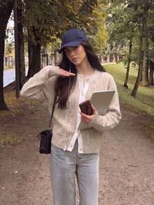 Korean Slouchy Khaki Cable Knit Cardigan, Contrast Collar Button Front Loose Sweater, Suitable For Autumn Back To School And Commute - Khaki - View 5