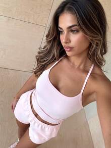 Vaiaye Summer Fall Basic 2 Pieces Set,Spaghetti Strap Camisole & Drawstring Shorts,Casual Sports Outfit For Football Training, Athleisure Pink Elegant - Pink - View 9
