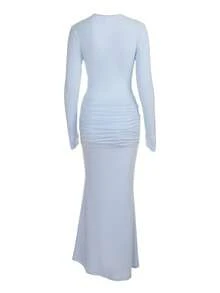 Autumn Solid Color U-Neck Mesh Patchwork Long Sleeve Dress Women Elegant Casual Party - Blue - View 7