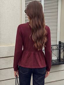 Just Masa Women's Fall Casual Button Up Ruffle Hem Sweater,Solid Color Long Sleeve Round Neck Rib-Knit Top,For Daily Wear,Going Out,Date,Christmas - Dark Red - View 2