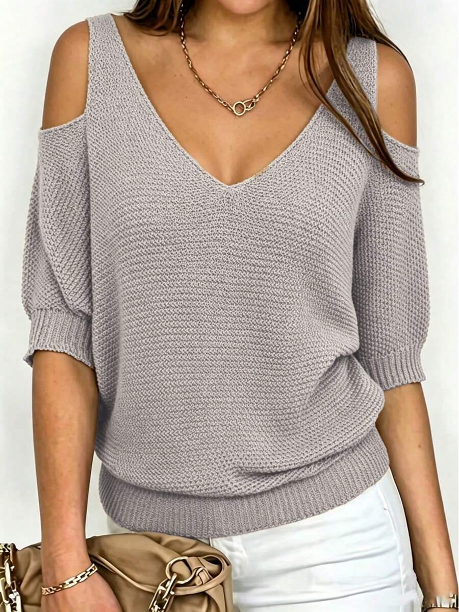 V-Neck Solid Color Cold Shoulder Women's Casual Daily Pullover Sweater - Light Grey - View 1