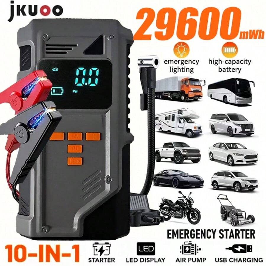 jkuoo طقم تشغيل بطارية السيارة 9 في 1، مزود بضاغط هواء 180 PSI، مناسب لمحركات البنزين/الديزل، يتميز بشاشة LCD، مصباح LED، مشغل طاقة محمول، متوافق مع الشاحنات/السيارات الرياضية/الدراجات النارية/الدراجات الهوائية!