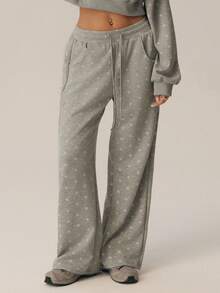 Women's Polka Dot Wide Leg Sweatpants, Elastic Drawstring Waist, Side Pockets, Casual Jogging Pants - Light Grey - View 7