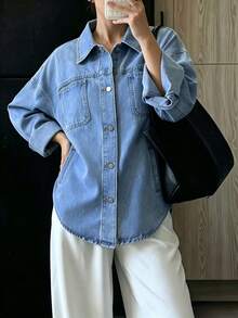 Women's Casual Loose Denim Shirt Jacket With Pockets - Medium Wash - View 3