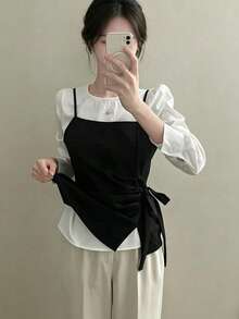 Setelan 2 Potong Elegan Musim Semi/Gugur 2026: Atasan Camisole dengan Tali Pita dan Kaos Dalam Lengan Panjang - Hitam dan Putih - View 4