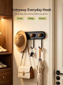Self-Adhesive Wall Hook, Drill-Free Double J-Shaped Double Hook, Vintage Wooden Ball Multi-Function Storage Hook, Suitable For Bathroom, Kitchen, Entryway Wall Hook/Self-Adhesive Hook Self-Adhesive Hook Multi-Function Storage Hook - View 4