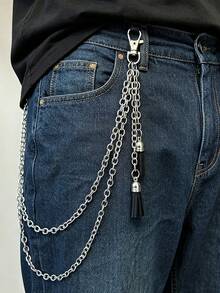 1pc Gothic Style Pants Chain, Hip-Hop Multi-Layer Tassel Metal Waist Chain, Versatile Punk Leather Tassel Pendant Pants Chain - Silver - View 2