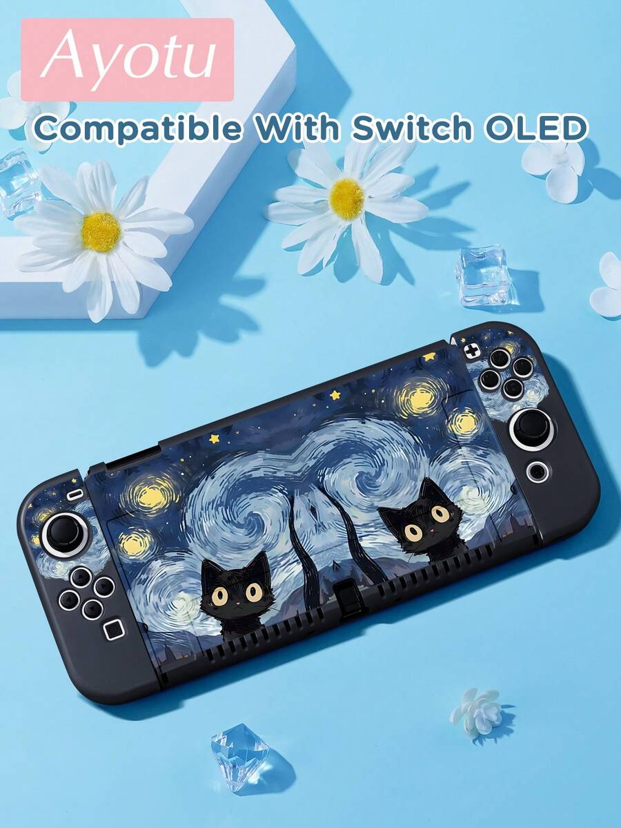 Ayotu Oil Painting Black Cat & Starry Sky Pattern Protective Case, Compatible With Switch, Compatible With New Switch 2 (2025)/Switch NS/Switch OLED, Can Be Installed On Dock Without Removing Protective Case, Universal Game Controller Protective Cover, Switch Game Accessories, Anti-Drop, Anti-Slip, Anti-Scratch, Fashionable And Beautiful, Suitable For Autumn/Christmas/Back To School/Winter And Other Occasions.