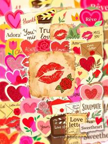 Vintage Confession Love Theme Stickers, PET Material, Heart Rose Romantic Gift Decorative Stickers, Includes Heart Shape, Love Letter Envelope And Confession Text Elements, Suitable For Diary Scrapbooking, Notebooks, Storage Boxes, Luggage, Skateboards, Helmets, Computer DIY Decoration - A - View 3
