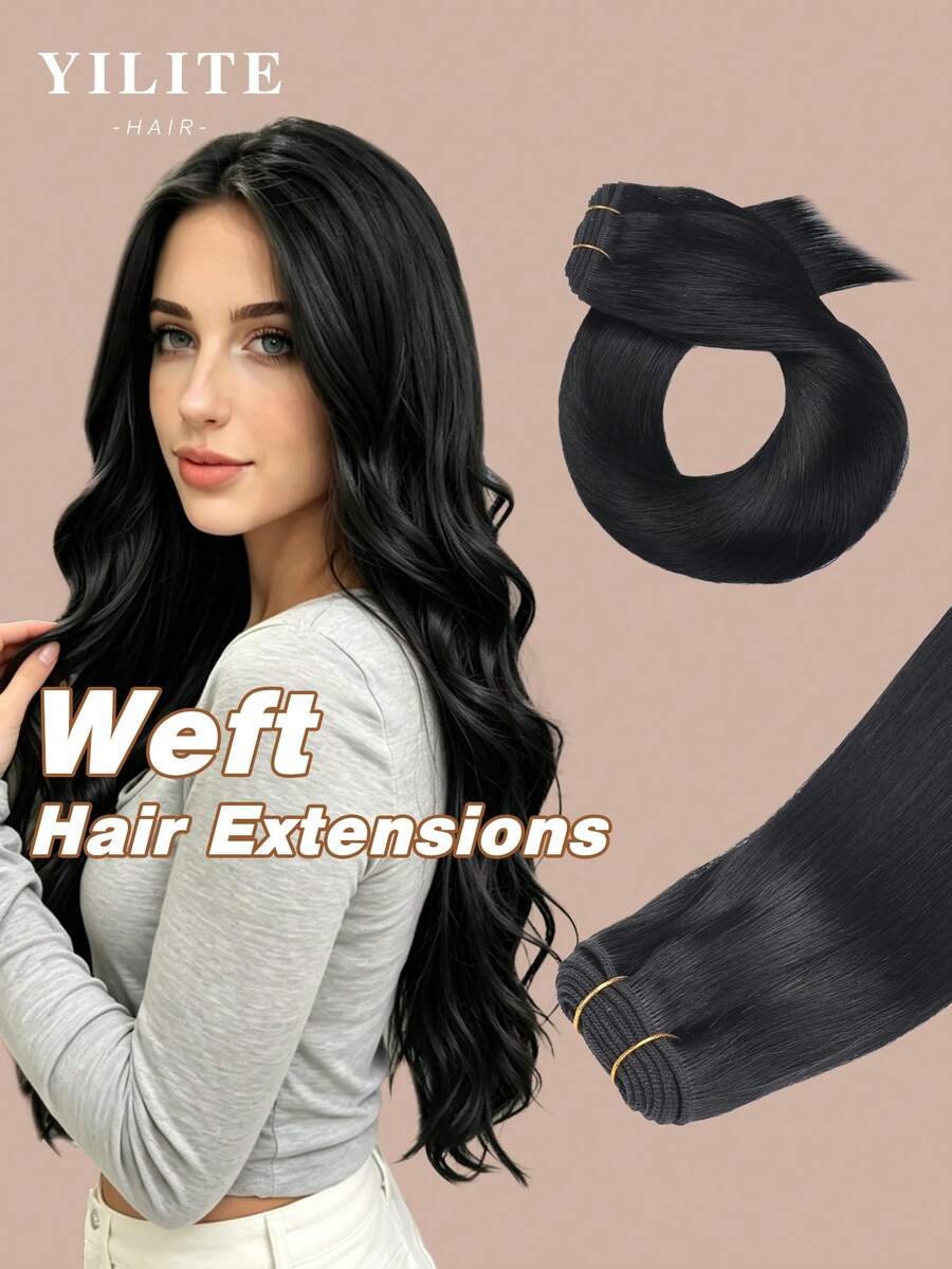 YILITE 22 Inch 100g Jet Black Color #1 Human Hair Weft Sew In Hair Extensions Real Human Hair Hand Tied Hair Extensions Thick Add Volume - S1 - View 1