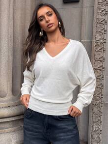 Women's V-Neck Long Sleeve Pullover Sweater - White - View 2