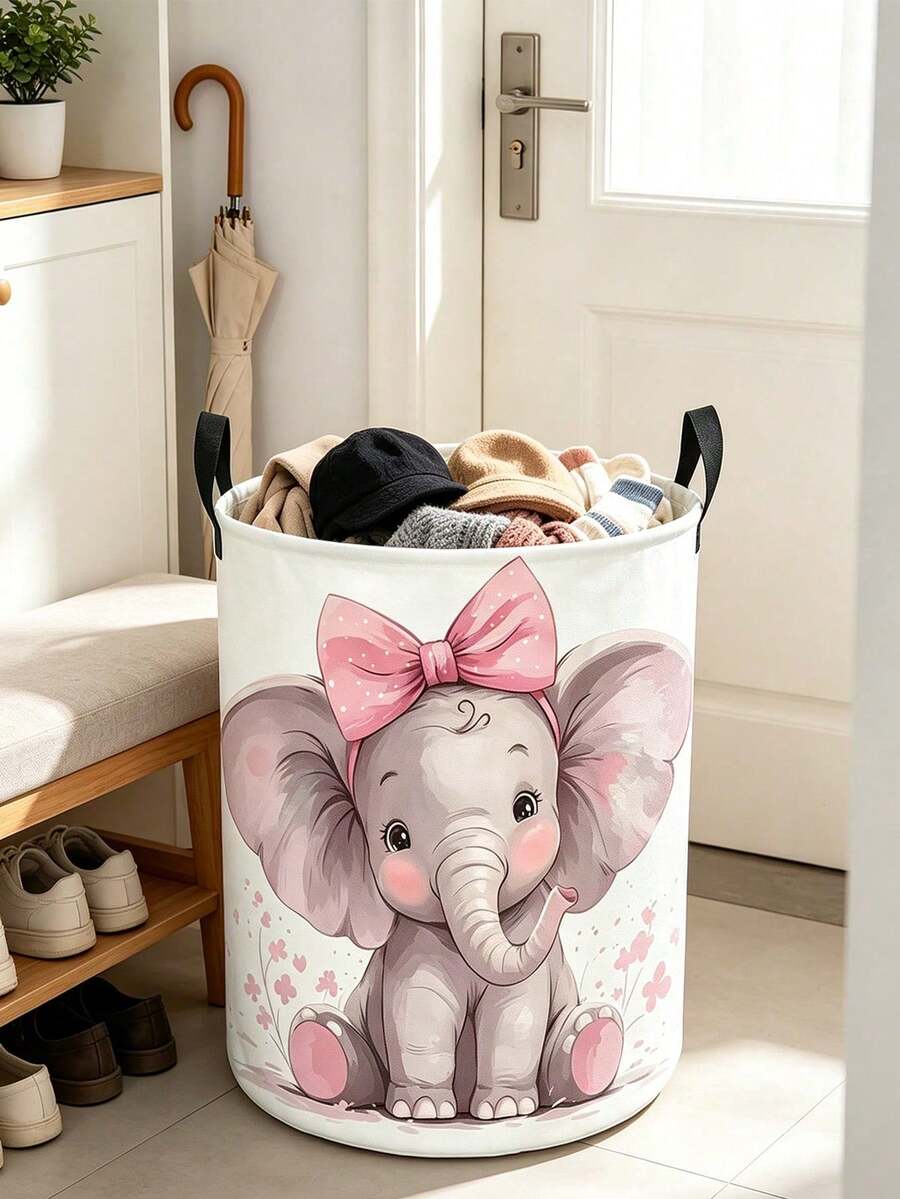 [Cute Elephant Basket] Cute Elephant Laundry Basket,Foldable Round Organizer Box With Sturdy Handle | Pink Bow & Butterfly, Soft Pastel Cartoon Design, Durable Storage Bin For Playroom, Spring Cleaning, Lightweight,For Room ,Bathroom - Multicolor - View 1