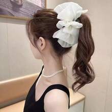 1pc Mesh Bow Hair Claw Clip, Autumn/Winter Hair Claw Head Accessory With Cloud Pleated Bow For Back Of Head - Multicolor - View 8