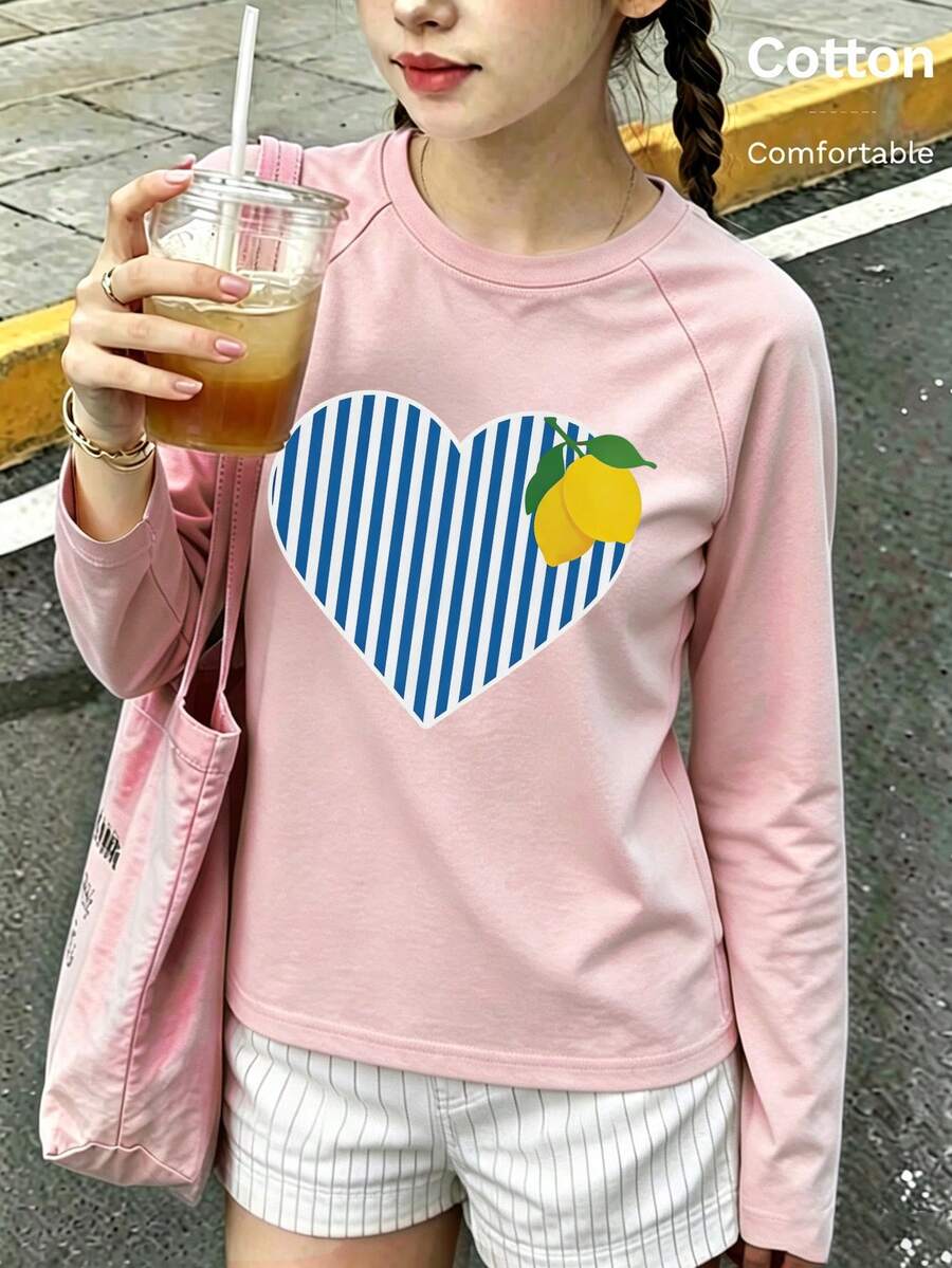 Autumn Girls Long Sleeve T-Shirt With Blue And White Striped Heart And Yellow Lemon Print, White Base Round Neck Y2K - Baby Pink - View 1