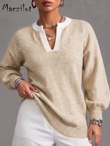 Women Plus‑Size Contrast Trim Notch Neck Knit Pullover, Balloon‑Sleeve Warm Casual Office Sweater For Autumn Winter - Khaki - View 5