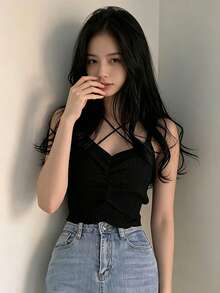 YCYC Atasan Camisole Hitam Kasual Serbaguna untuk Wanita Musim Semi/Panas - Hitam - View 1